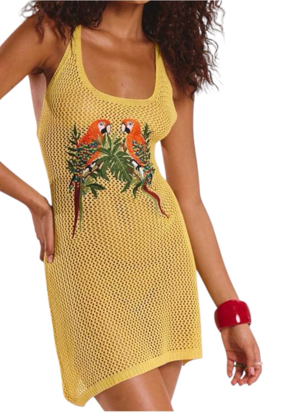Yellow Crochet Open Knit Swim Cover Up Dress Parrot Embroidered Halter Small